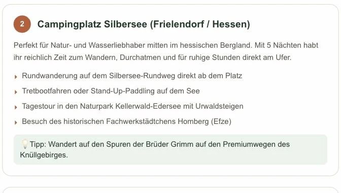 Abschnitt der KI-Reiseanalyse zu einem einzelnen Stopp mit Aktivitäten und einem Tipp