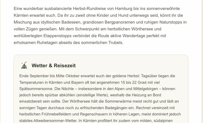 KI-Reiseanalyse mit Einleitung und einem Abschnitt zu Wetter und Reisezeit