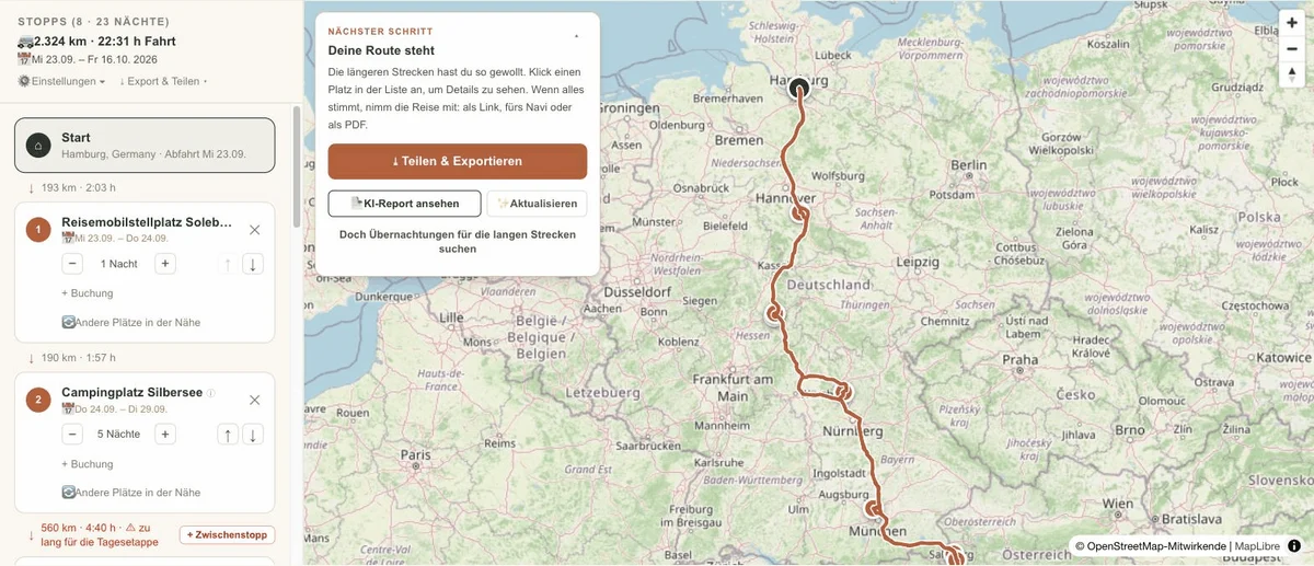 Der Reiseplaner: links die Stopps mit Nächten, rechts die Route auf der Karte
